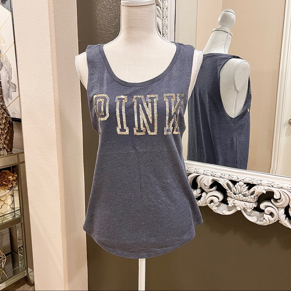PINK Victoria’s Secret Vintage Blue MUSCLE TEE TANK TOP Iridescent Sequins XS